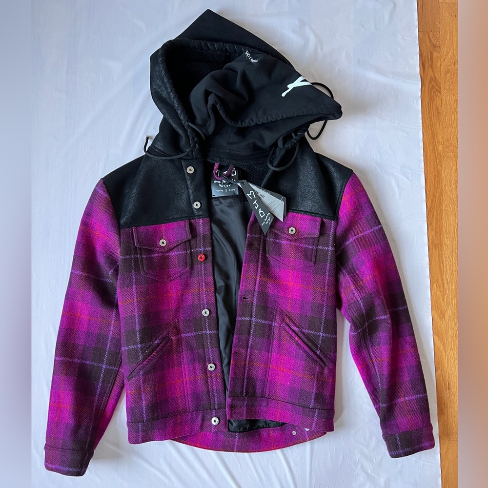 Marc Jacques Burton MJB Hooded Magna Pax jacket Vegan Leather black purple Sz 48